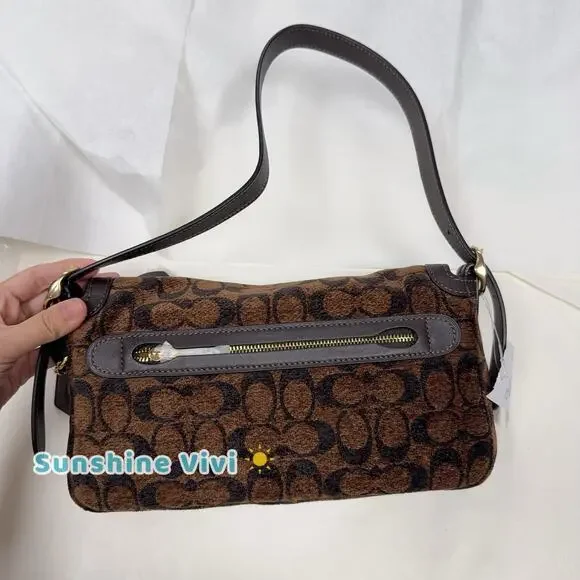 NWT Coach Etta Small Flap Shoulder Bag in Signature Chenille CCV65 Gold